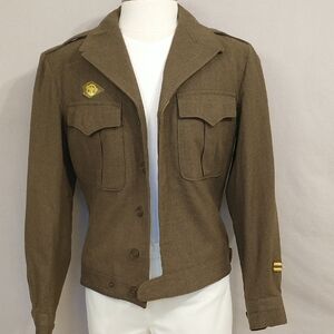 40s Vintage Wool Short Military Field Jacket Drab Twill Old Patches American USA